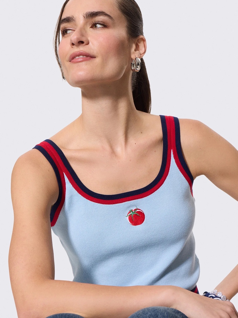 Light Blue Ribbed Tomato Tank with Navy & Red Trim Terez NWT